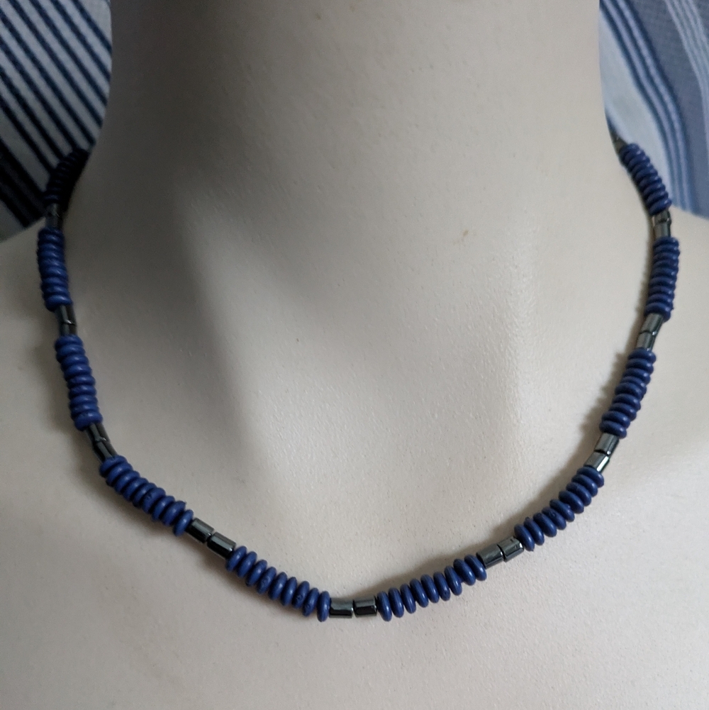 Vintage Blue & Black Beaded Necklace Men Women Unisex Boho Gypsy Coastal Cadual